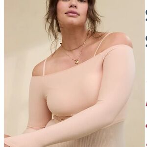 Aerie SmoothEZ real good Blush Off-Shoulder boat neck crop long sleeve Top